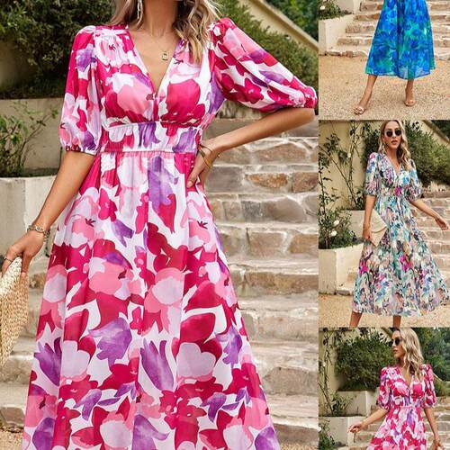 Women's collar long sleeved printed dress