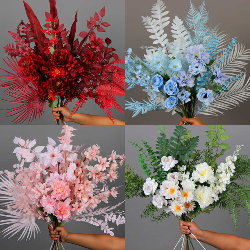 婚庆绢花把束花花瓶插花红色花艺　婚礼堂T台舞台布置香槟单支花