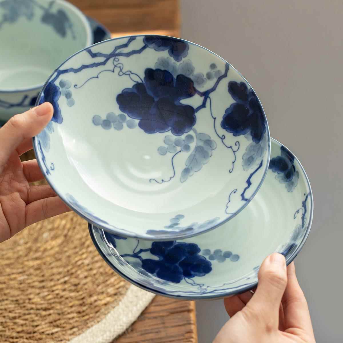 日本进口美浓烧蓝染葡萄盘碗餐具日式米饭碗深盘菜碟面盘大钵汤碗