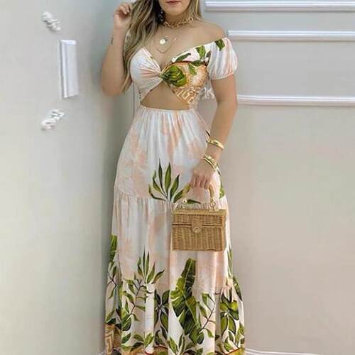 Womens Dress Casual Beach Ladies Plants Print Boho Summer