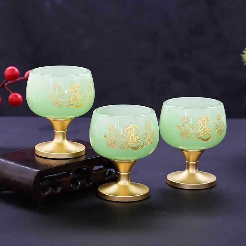 高档如意财神琉璃玉酒杯佛堂净水杯佛前莲花供水杯贡杯供具圣水杯