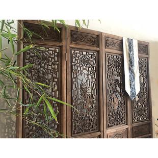 中式 实木屏风仿古做旧镂空雕花樟木折叠移动客厅隔断复古直播摄影