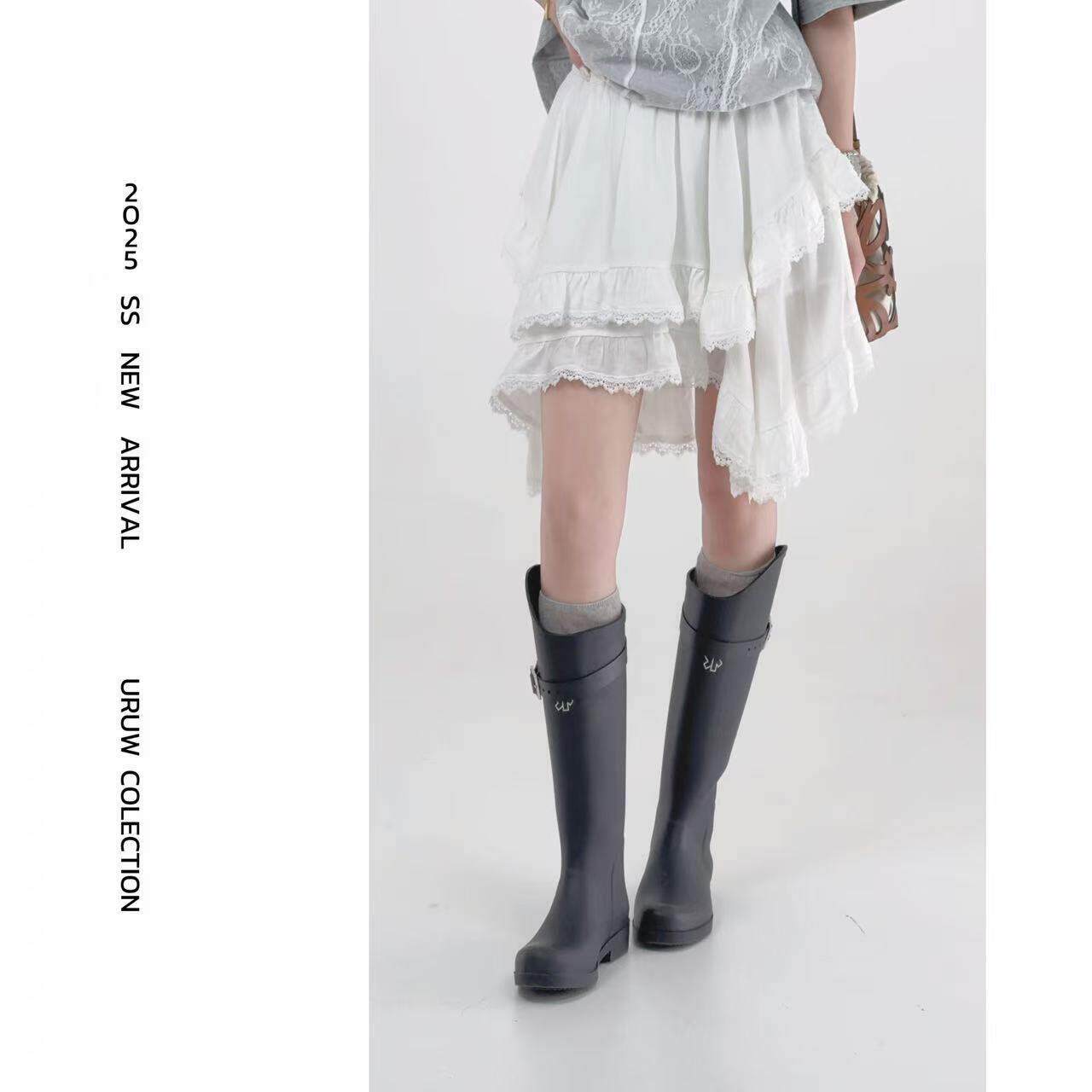 柯柯【松烟覆 覆雪】蕾丝拼接白色半身裙女夏季新款高腰不规则短