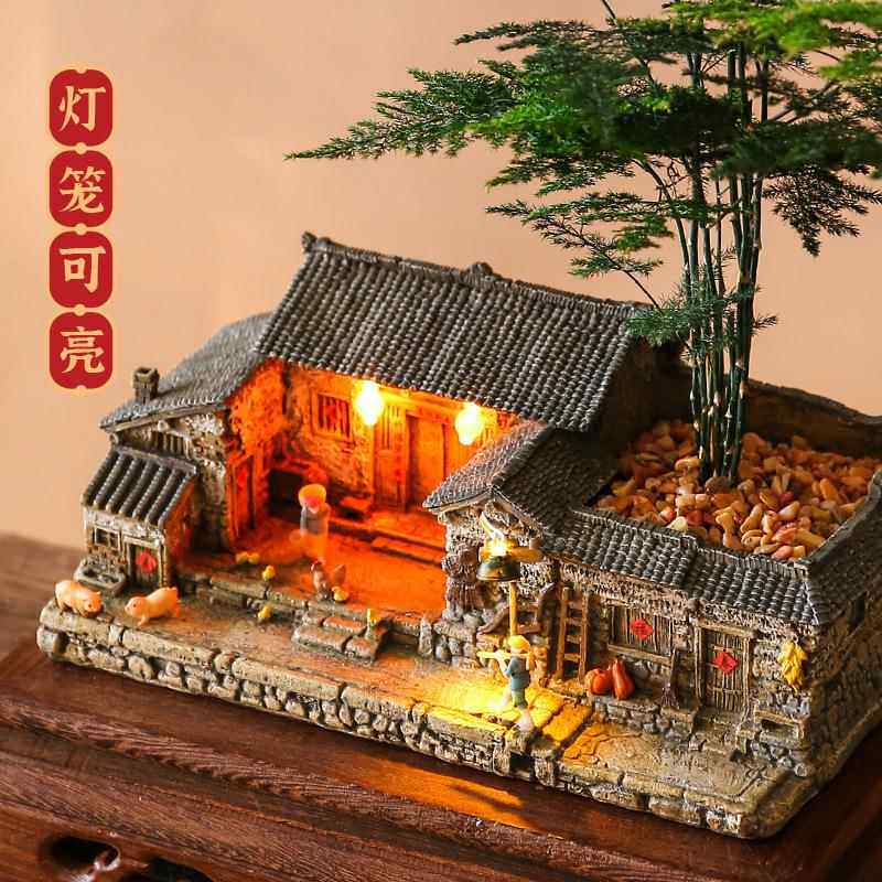 创意花盆茶复古建庭筑模型阳台院桌茶LHjSJp5K室家居装饰水景微景