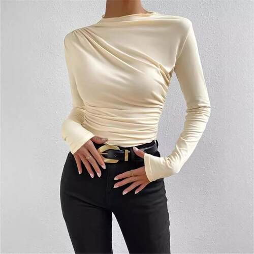 T-Shirt For Women Long Sleeves Solid Casual Fashion Folds
