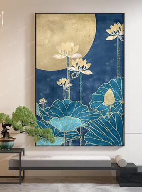 新中式禅意荷花蓝色高级感茶室客厅卧室装饰画玄关背景墙壁画挂画