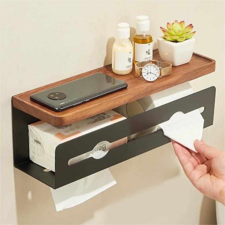 厂家直销实木抽纸盒卫生间免打孔置物架浴室原木风纸巾盒厕所壁挂