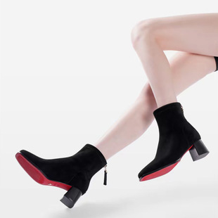 大姚女鞋大美丽瘦瘦靴5cm方头粗跟冬季底新年战靴拉链短靴626