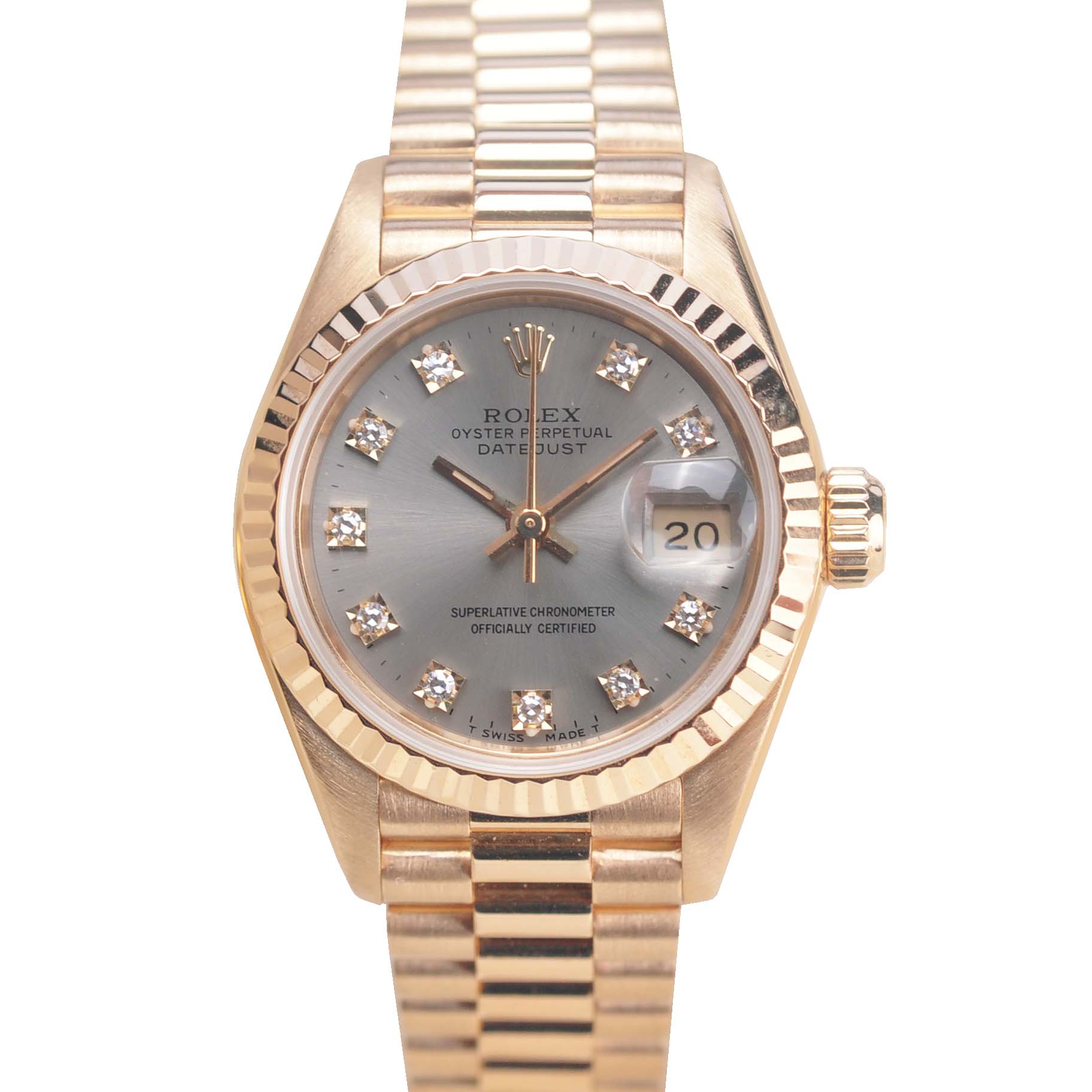 正品女金劳[9.8新]劳力士日志型灰盘后镶钻自动机械女表69178