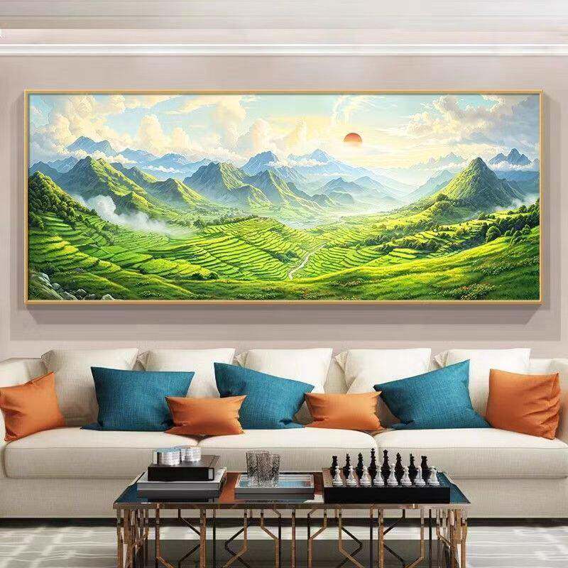 背景墙沙发东方日出装饰画 画客厅背有青山聚宝盆靠山东墙旭日升