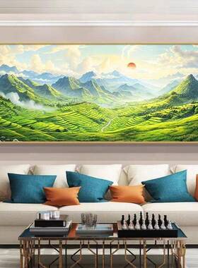 背景墙沙发东方日出装饰画客厅背有青山聚宝盆靠山东墙旭日升挂画