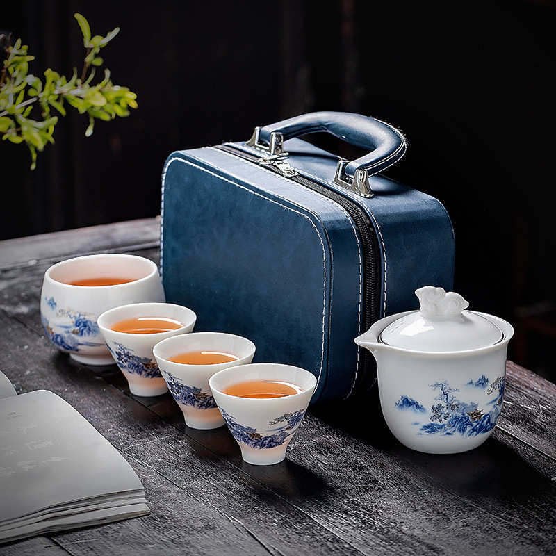 德化白瓷旅行茶具套装简约一壶四杯户外盖碗便携式快客杯logo可定