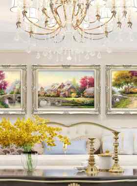 欧式客厅油画沙发背景装饰画三联林间小屋风景画简欧壁画挂画