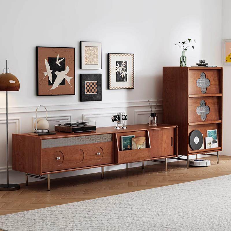 中古风樱桃木实木电视柜2026新款客厅家用小户型落地法式复古柜子