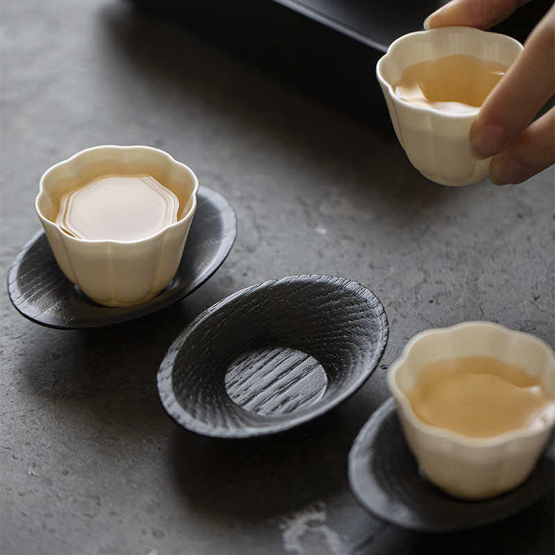白蜡木侘寂风炭烧黑茶托 杯垫 茶杯隔热垫四叶草贝壳杯托