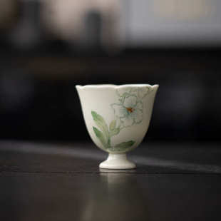 茶室家用大号主人杯手工陶瓷花口茶杯手绘郁金香品茗杯复古高足杯