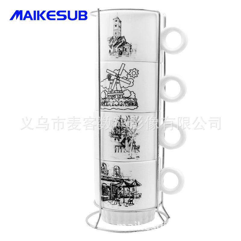 热转印叠杯陶瓷带铁架套装水杯叠叠杯咖啡杯带铁架4个套装大号