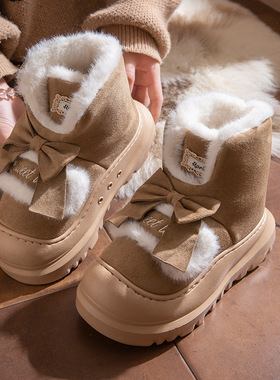 加绒高帮棉鞋女士冬季厚底外穿防滑保暖毛绒百搭蝴蝶结时尚棉拖鞋
