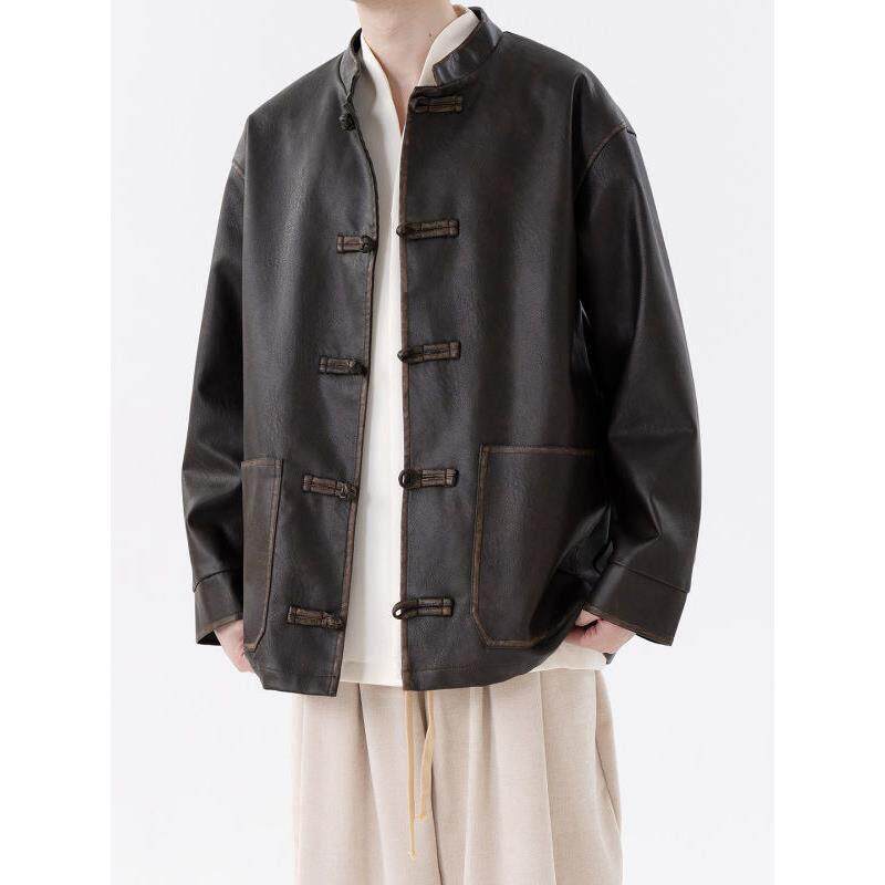 コーデュイの潮牌新中式立领盘扣PU皮夹克男大码中山装手擦皮外套