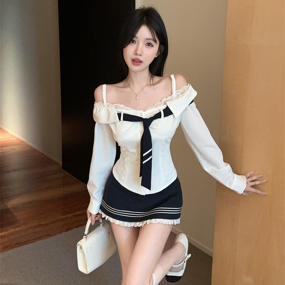 学院风设计感蕾丝边修身一字肩衬衫上衣女高腰半身裙两件套装女秋