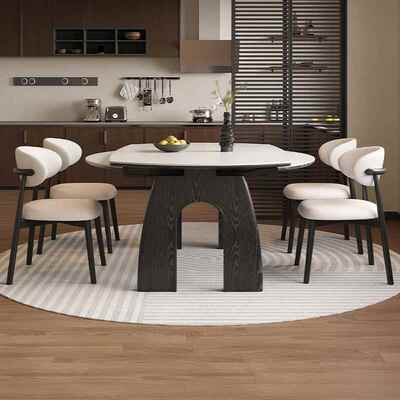 中古风复古实木岩板餐桌椅组合家用小户型可伸缩折叠饭桌可变圆桌