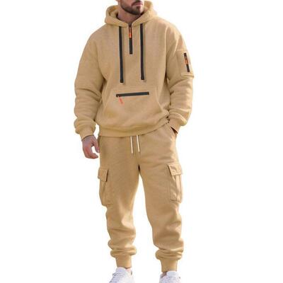 Men autumn winter heavyweight fleece hooded sweatshirt set