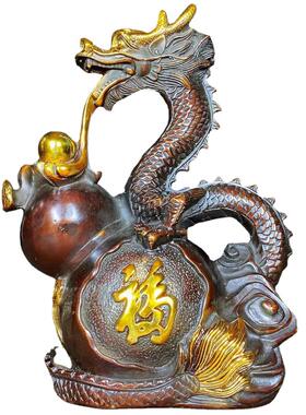 古董古玩仿古铜器铜鎏金葫芦龙吸水福龙摆件家居复古工艺品