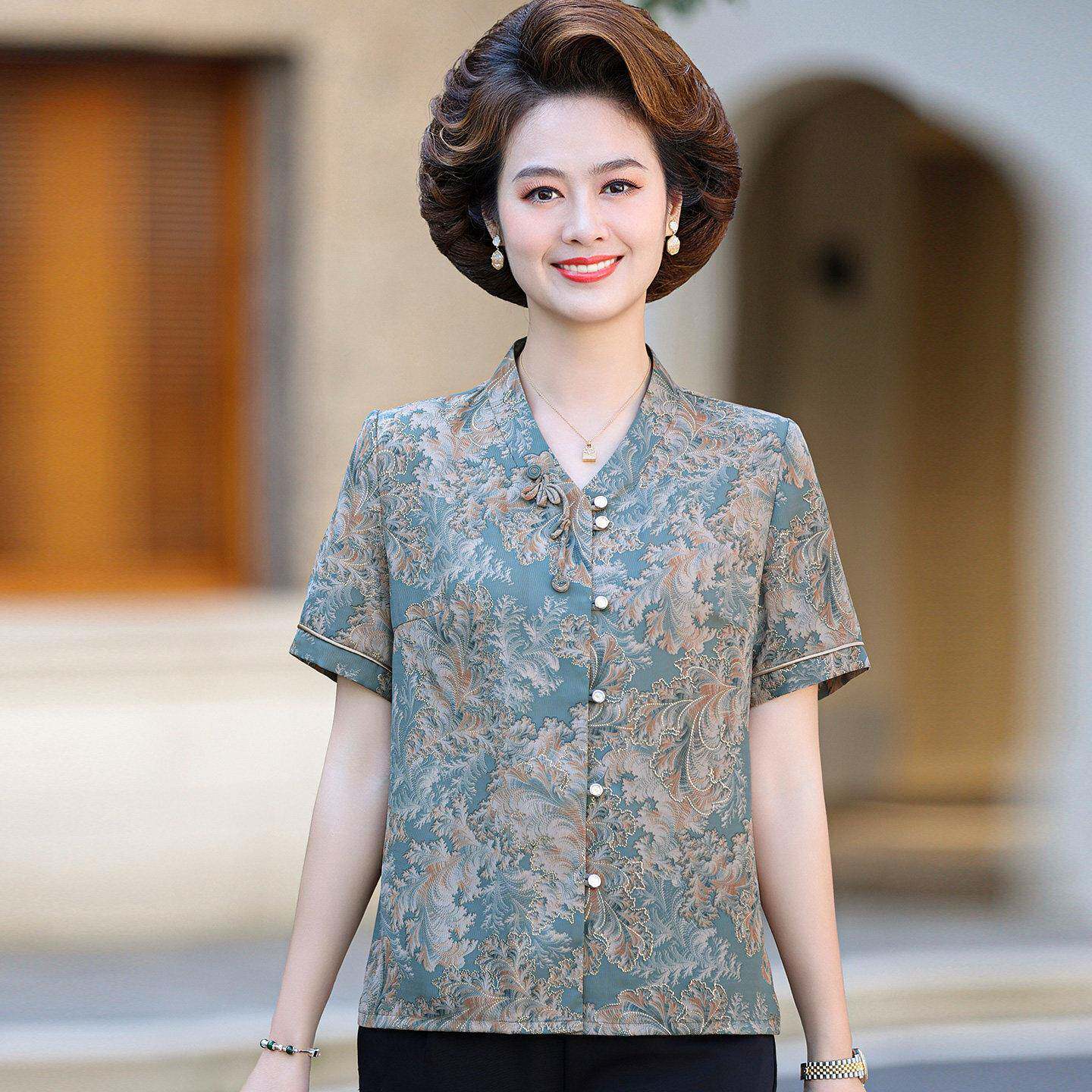 时尚中年衬衫女短袖夏装桑蚕丝100%套装妈妈立领真丝开衫上衣薄款