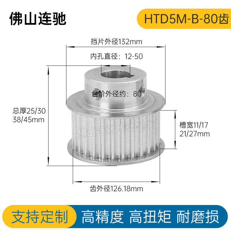 同步轮HTD5M-80齿 精加工内孔 20 22 24 25 BF型 同步带轮 铝合金