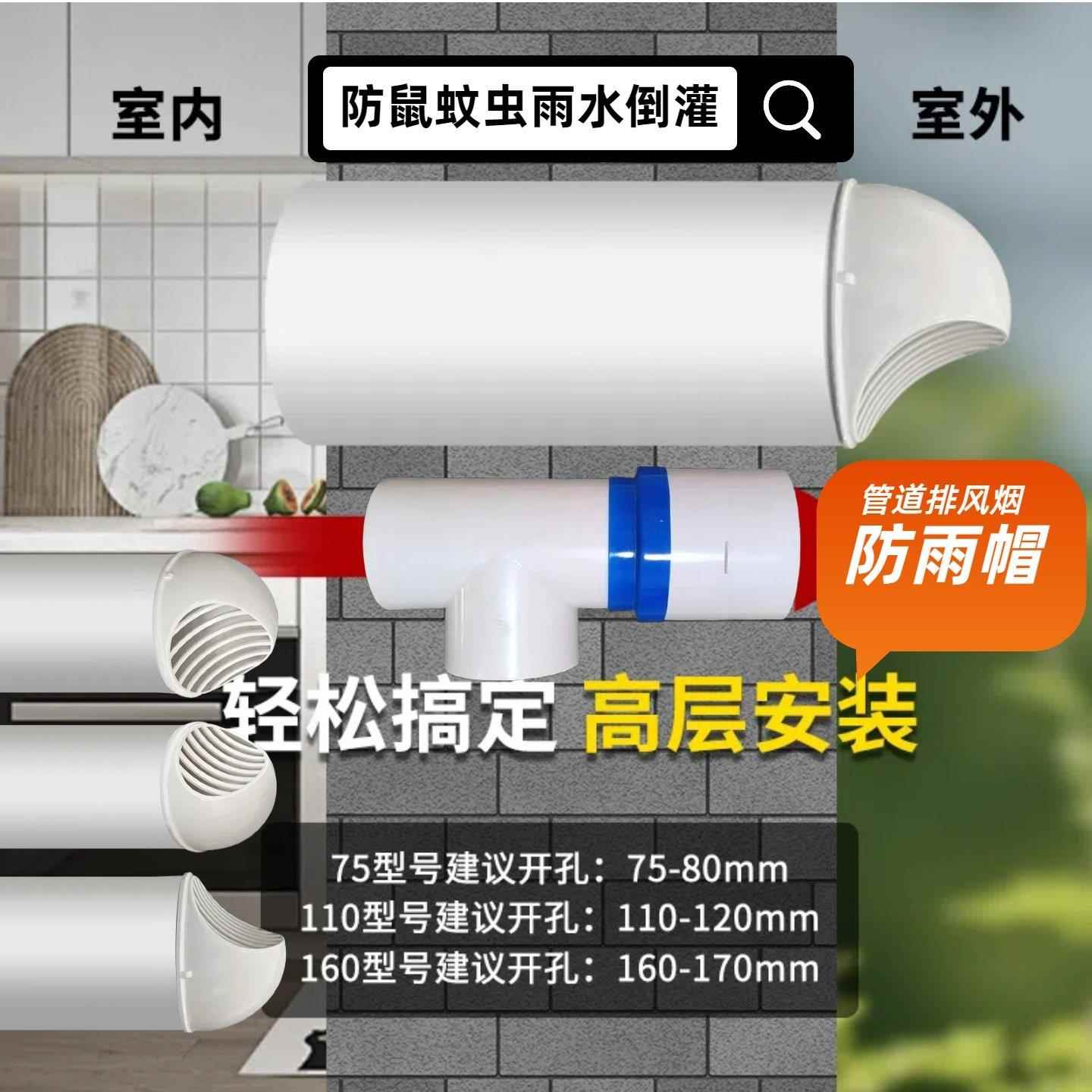 PVC穿墙风帽防雨帽油烟管风管110/75排风罩透气防鼠蚊虫厨卫通风