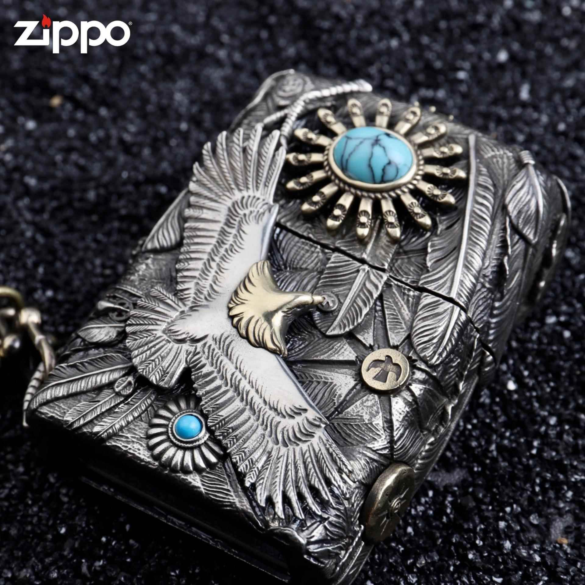 ZIPPO芝宝正品防风打火机重甲套壳绿松石高山鹰煤油个性送礼