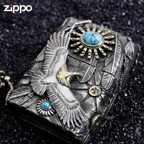 ZIPPO芝宝正品防风打火机重甲套壳绿松石高山鹰煤油个性送礼