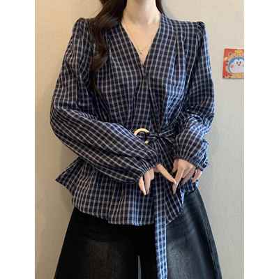 正肩格子不规则绑带长袖衬衫女秋冬打底衫微胖大码设计感收腰上衣