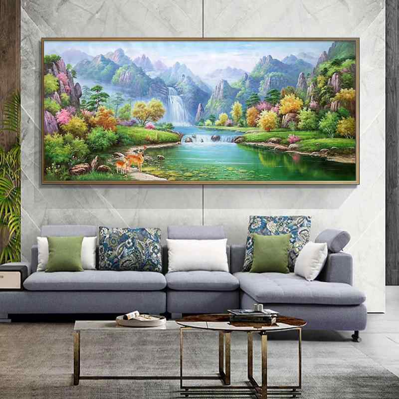 9WOR青山绿水十字绣2021款新款客厅满绣发财鹿风景线绣自己绣手工