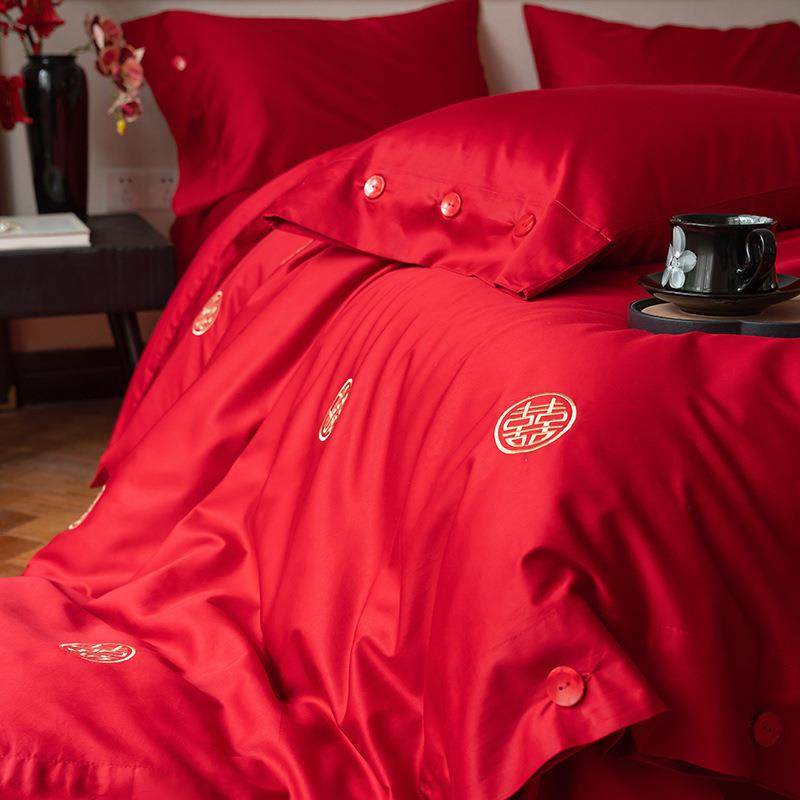 新式婚10庆0SHCZZ1798长绒棉结婚四件红套色喜庆床单被套中新婚家