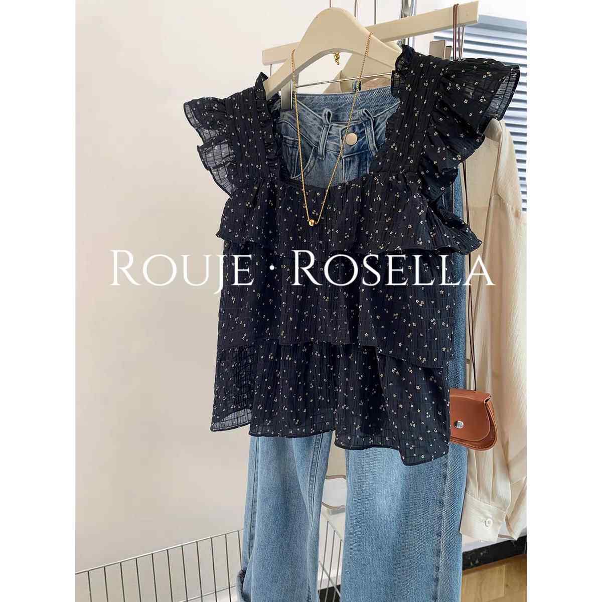 法国Rouje Rosella清凉舒适?黑色1/4吋套筒扳手袖碎花娃娃衫女夏