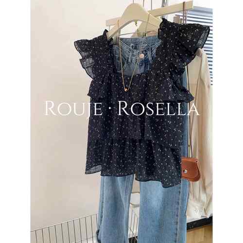 法国Rouje Rosella清凉舒适?黑色1/4吋套筒扳手袖碎花娃娃衫女夏