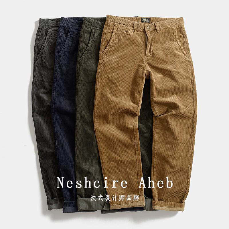 Neshcire Aheb重磅灯芯绒复古直筒工装裤休闲裤宽松男士条绒长裤