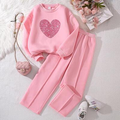 Girls Heart Print Sweatshirt Fleece Pants Set Casual Fall
