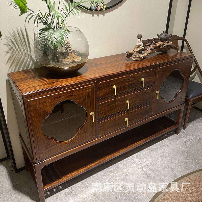 新中式乌金木餐边柜实木玄关柜现代简约储物柜茶水柜餐厅隔断边柜