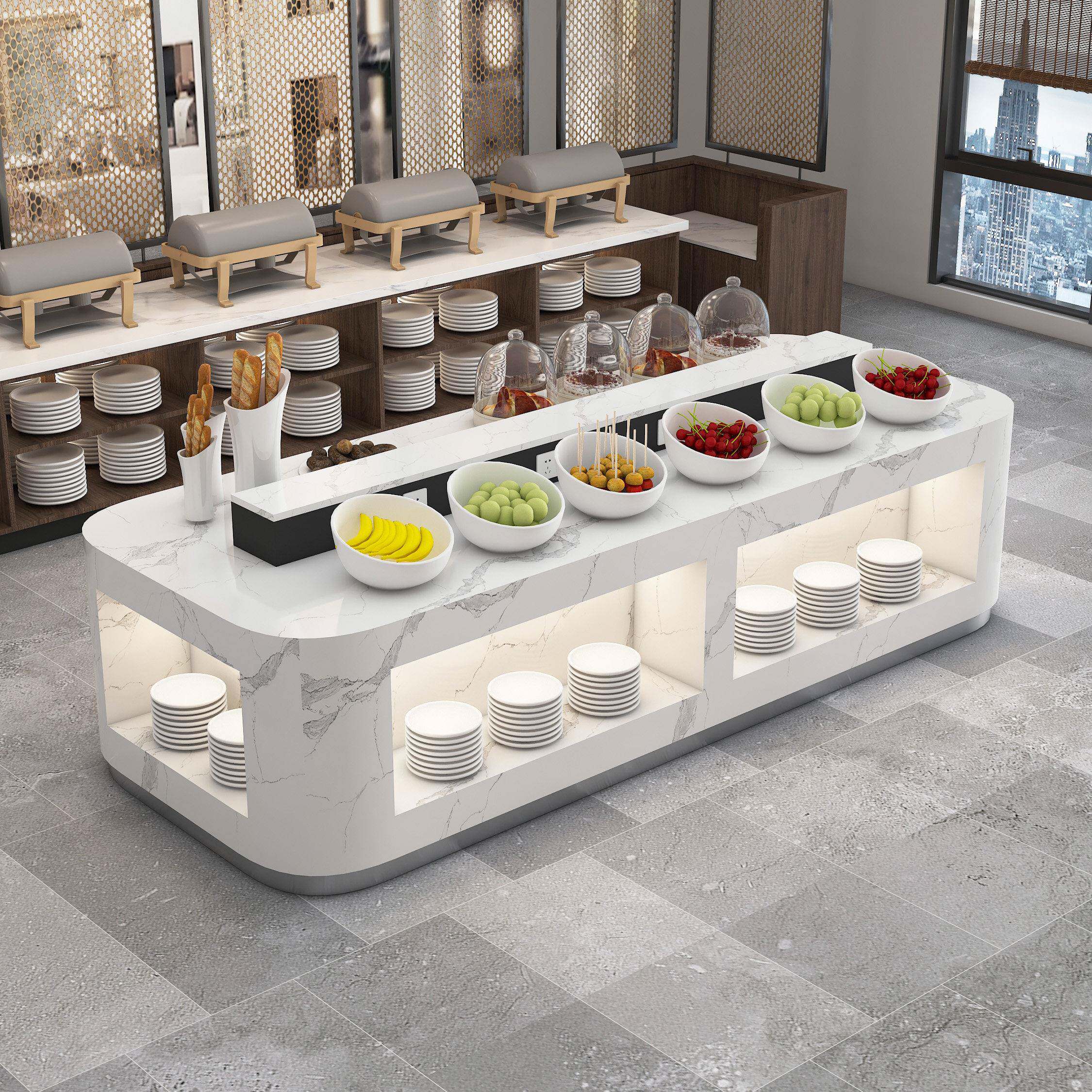 酒店饭厅食堂自助餐桌中岛式双面大理石取餐桌布菲台凉菜甜点摆台