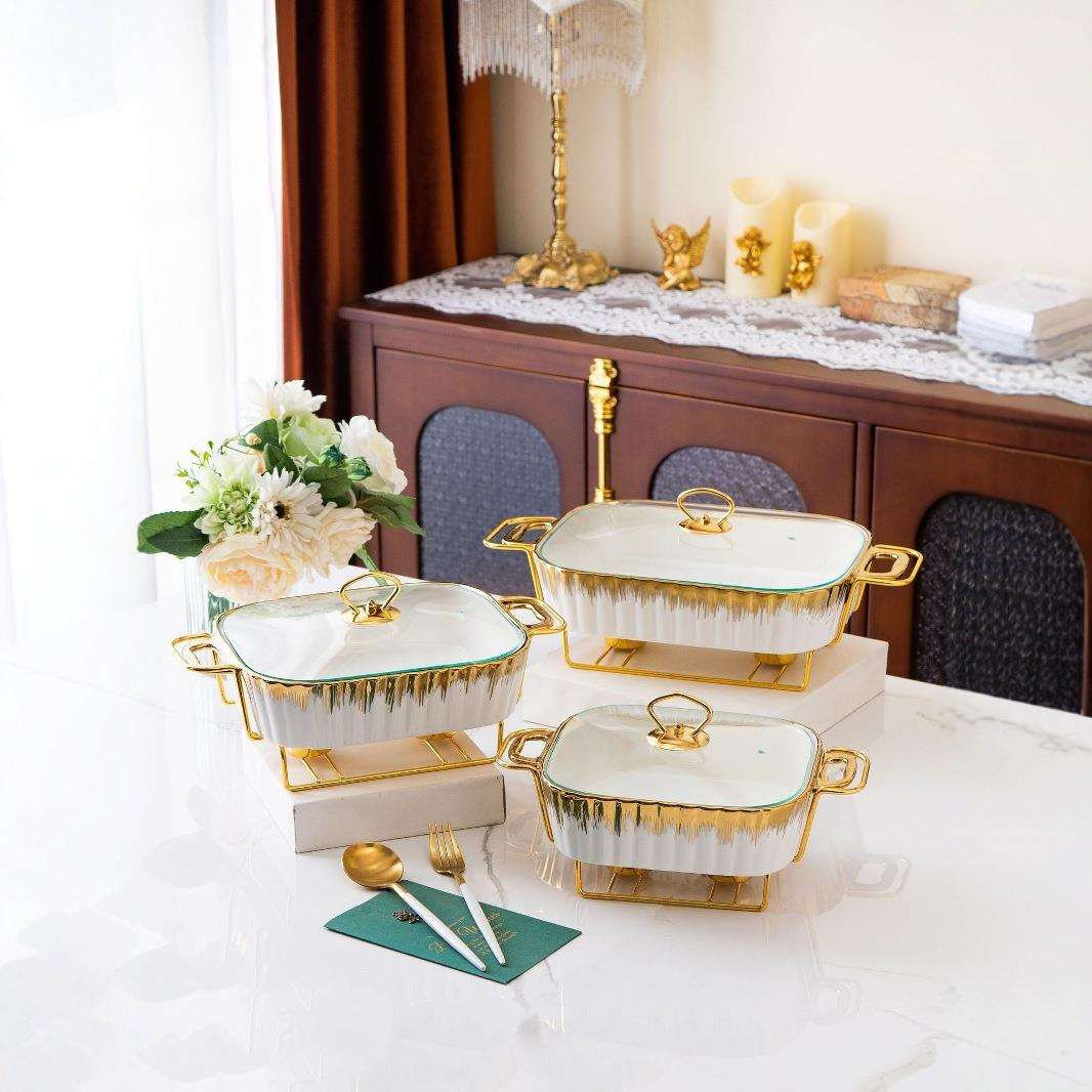 casserole金色条纹烤盘长方形陶瓷烤盘加热干汤锅pot bake ware