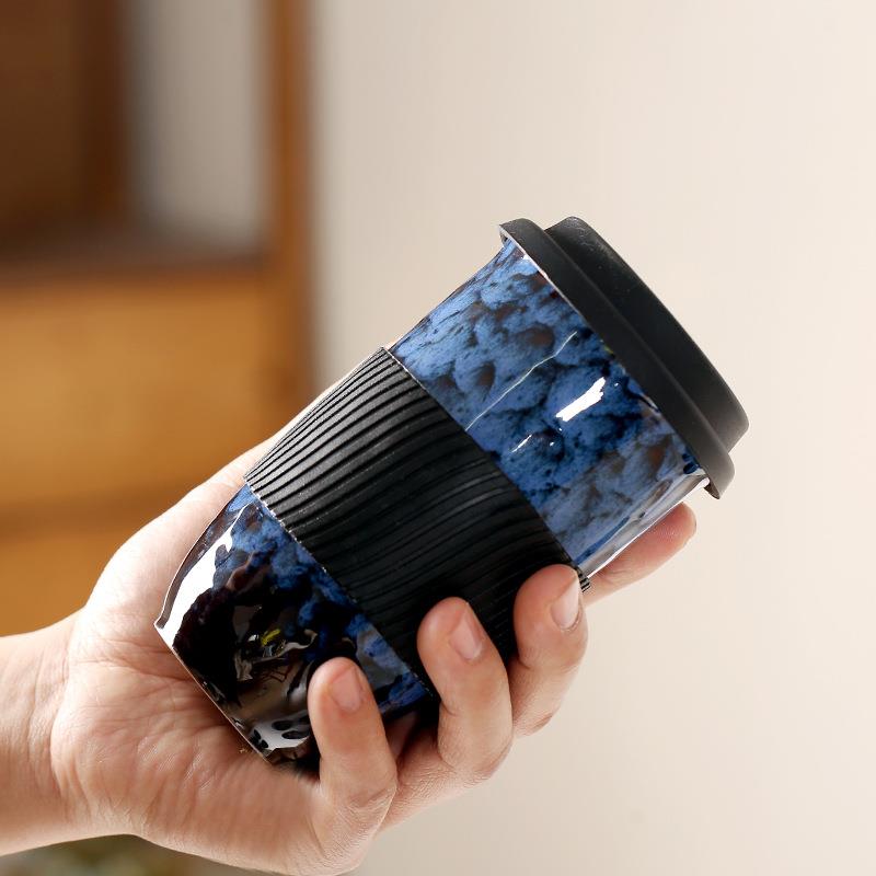 新款直销陶瓷窑变马克杯带盖杯子便携式情侣咖啡杯水杯奶茶杯礼品