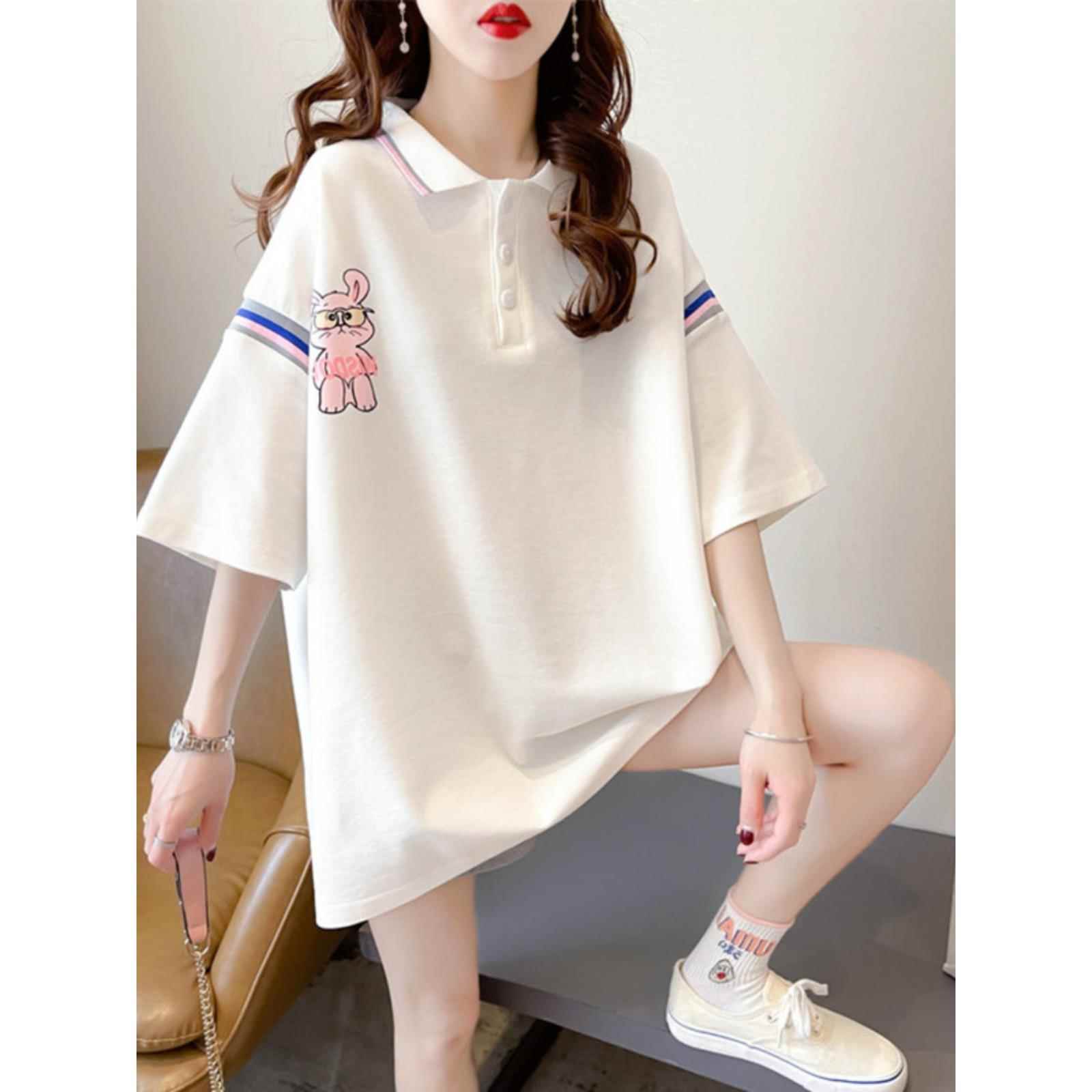白色Polo领短袖T恤女2025年夏季新款大码宽松中长款印花半袖上衣