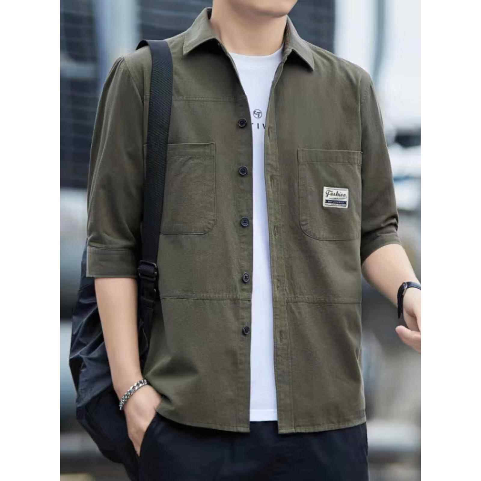 美式工装七分袖男春夏衬衫宽松痞帅半袖纯棉长袖衬衣2025休闲宽松