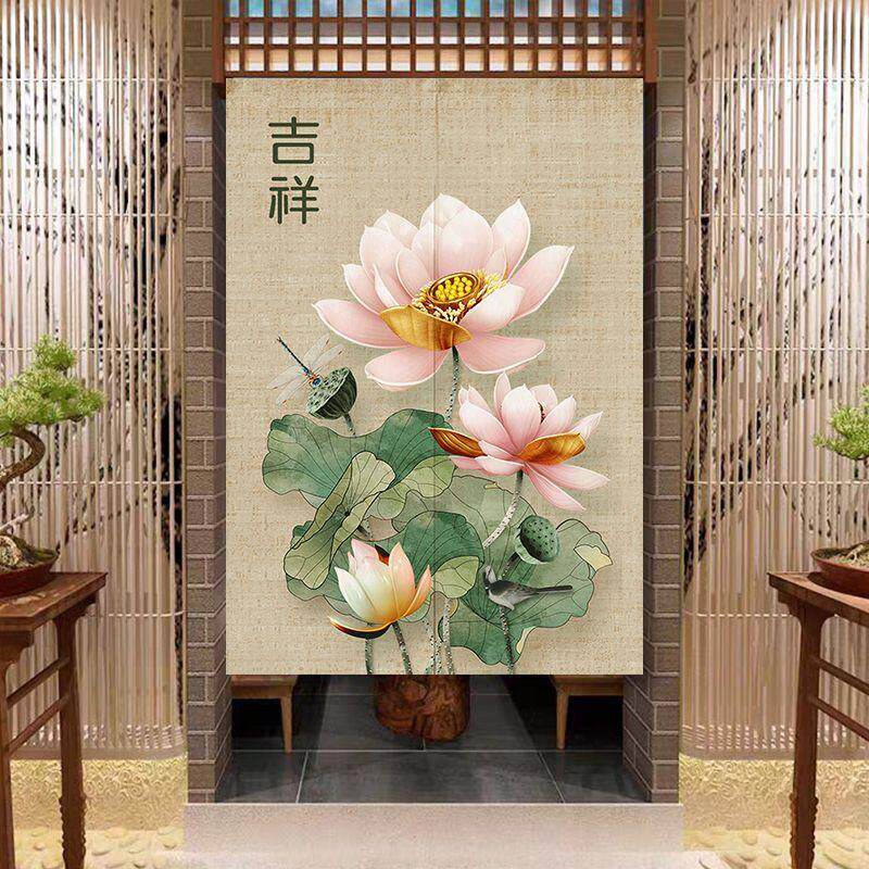 定做中式门帘中国风布艺卫生间厨房挂帘卧室隔断帘荷花家用遮挡帘