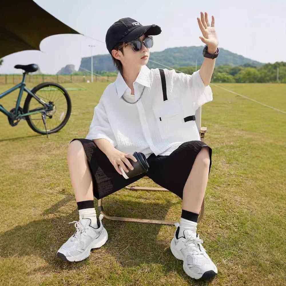 男童夏装套装2025新款儿童夏季薄款短袖衬衫中大童夏款洋气男孩潮