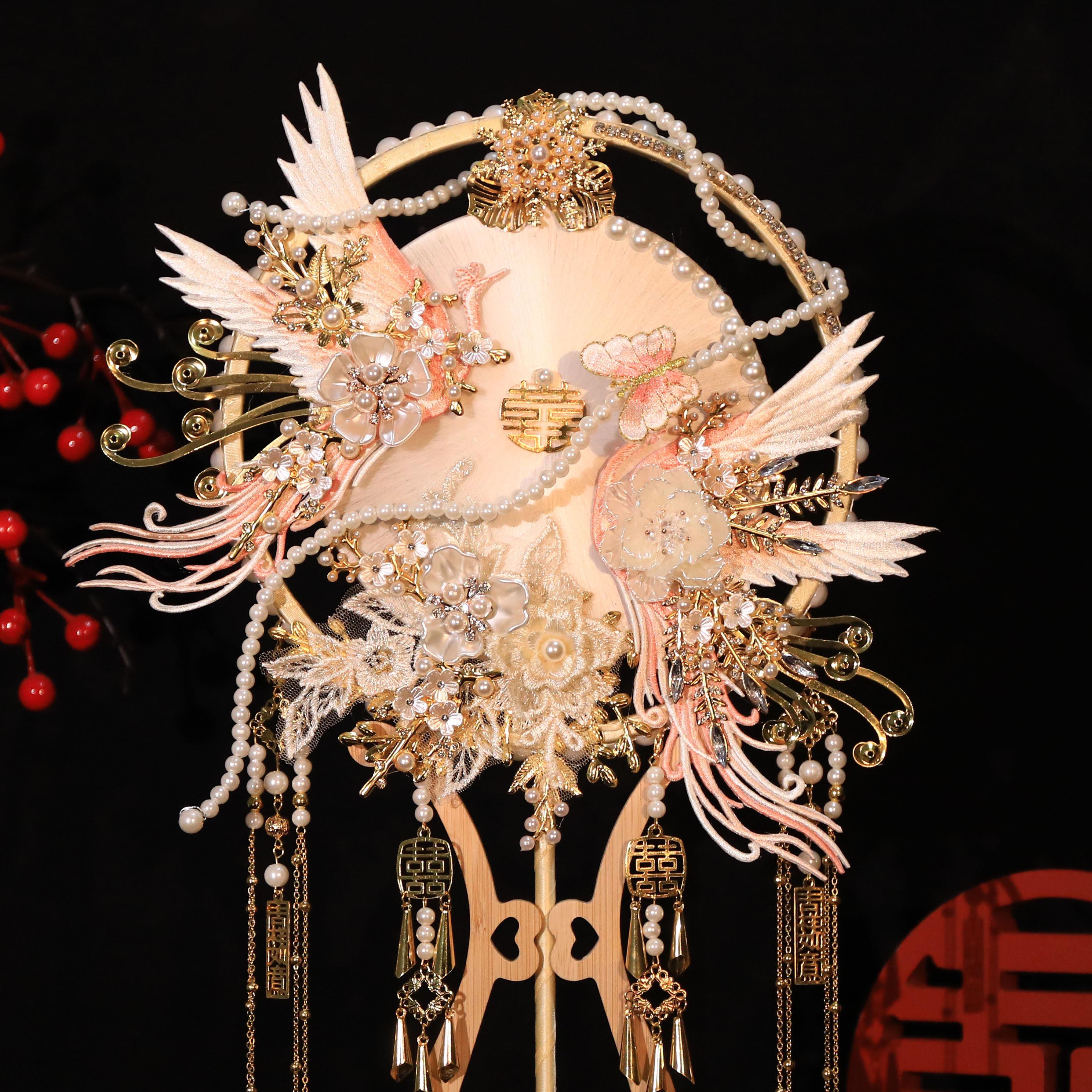 蚕丝扇子diy材料包团扇新娘结婚秀禾服双面高级喜扇成品出嫁手工