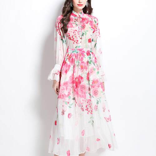 Lace up lantern sleeve printed top, women's high waist,