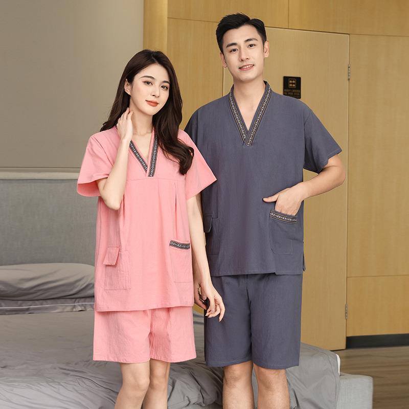女休闲皱麻居家汗蒸服男洗浴中心睡眠衣服情侣套装家居服加大尺码